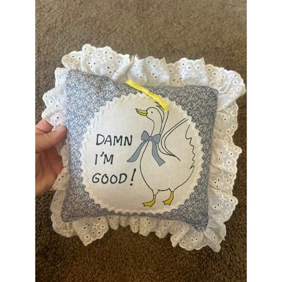 Quilted Grandma core Handstitched Pillow with goose and frilly edges 10x10 - Picture 4 of 5